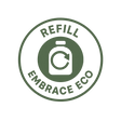 Round green emblem with an icon of a refillable bottle and circular arrow, surrounded by the text "REFILL EMBRACE ECO" representing sustainable cleaning with Miniml Multi-Surface Cleaner - Blood Orange.